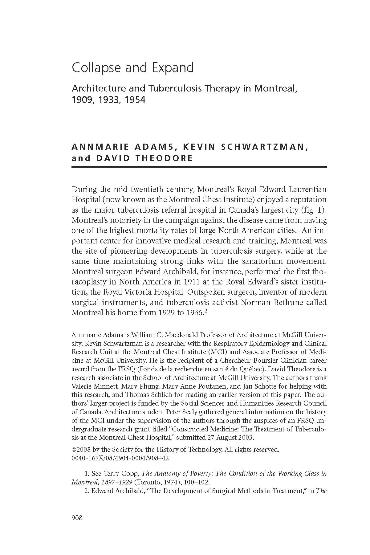 History of MCI Architecture and Tuberculosis Therapy in Montreal Kevin Schwartzman