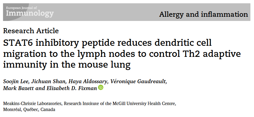 STAT6 inhibitory peptide reduces dendritic cell migration to the lymph nodes to control Th2 adaptive immunity in the mouse lung.
Lee S, Shan J, Aldossary H, Gaudreault V, Bazett M, Fixman ED. Eur J Immunol. 2019 Jan;49(1):157-169.